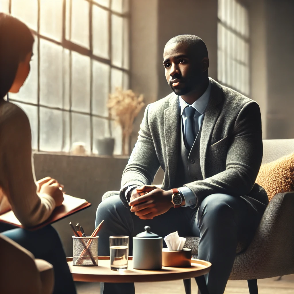 a diverse counselor working closely with a client in a supportive and professional setting.