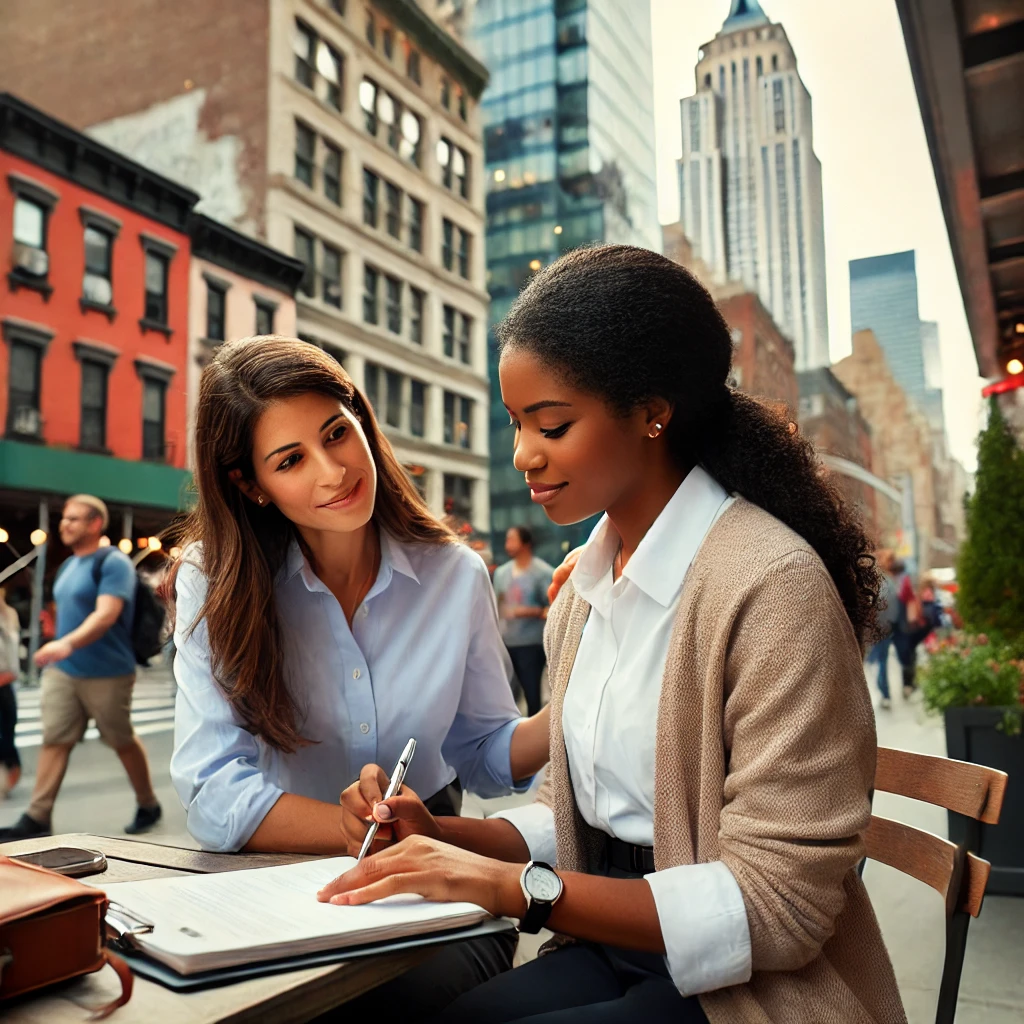 a diverse female Social Worker actively working in New York City, surrounded by the dynamic urban environment with recognizable landmarks. The scene portrays her dedication and compassion in her professional role.