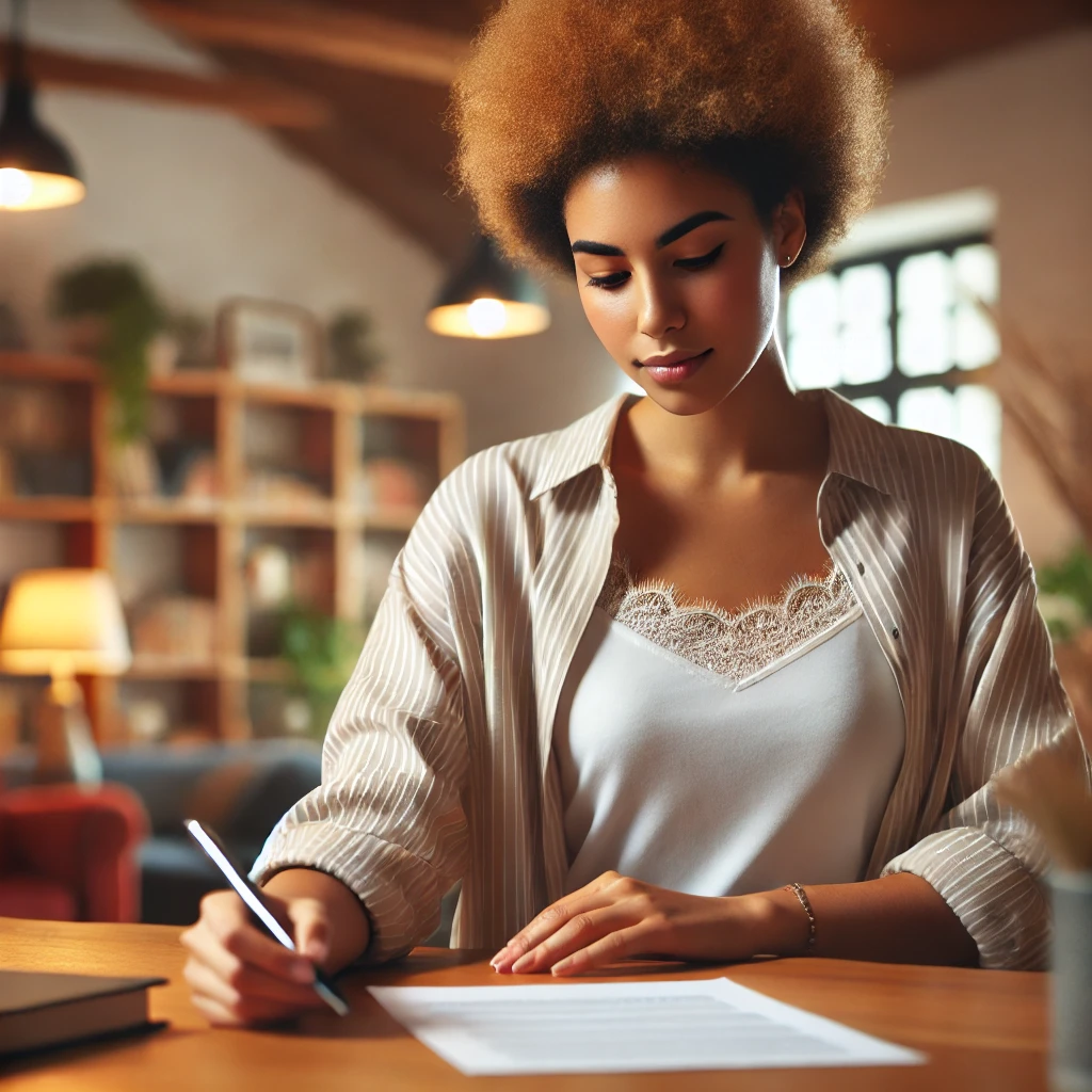 a diverse female Social Worker confidently checking off a task on a piece of paper at her desk in a professional and welcoming office setting.
