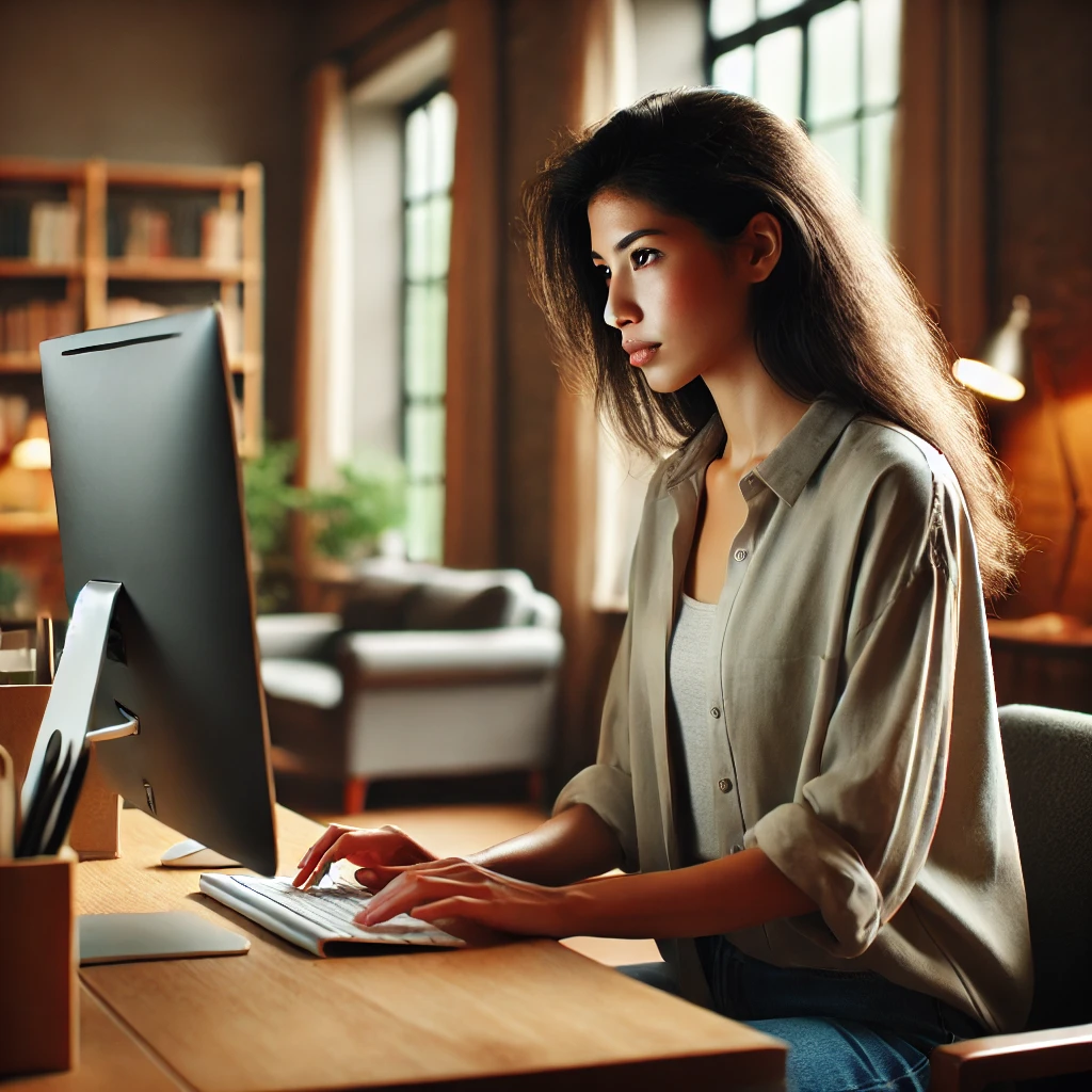a diverse female Social Worker working intently on a computer in a warm, professional office setting.