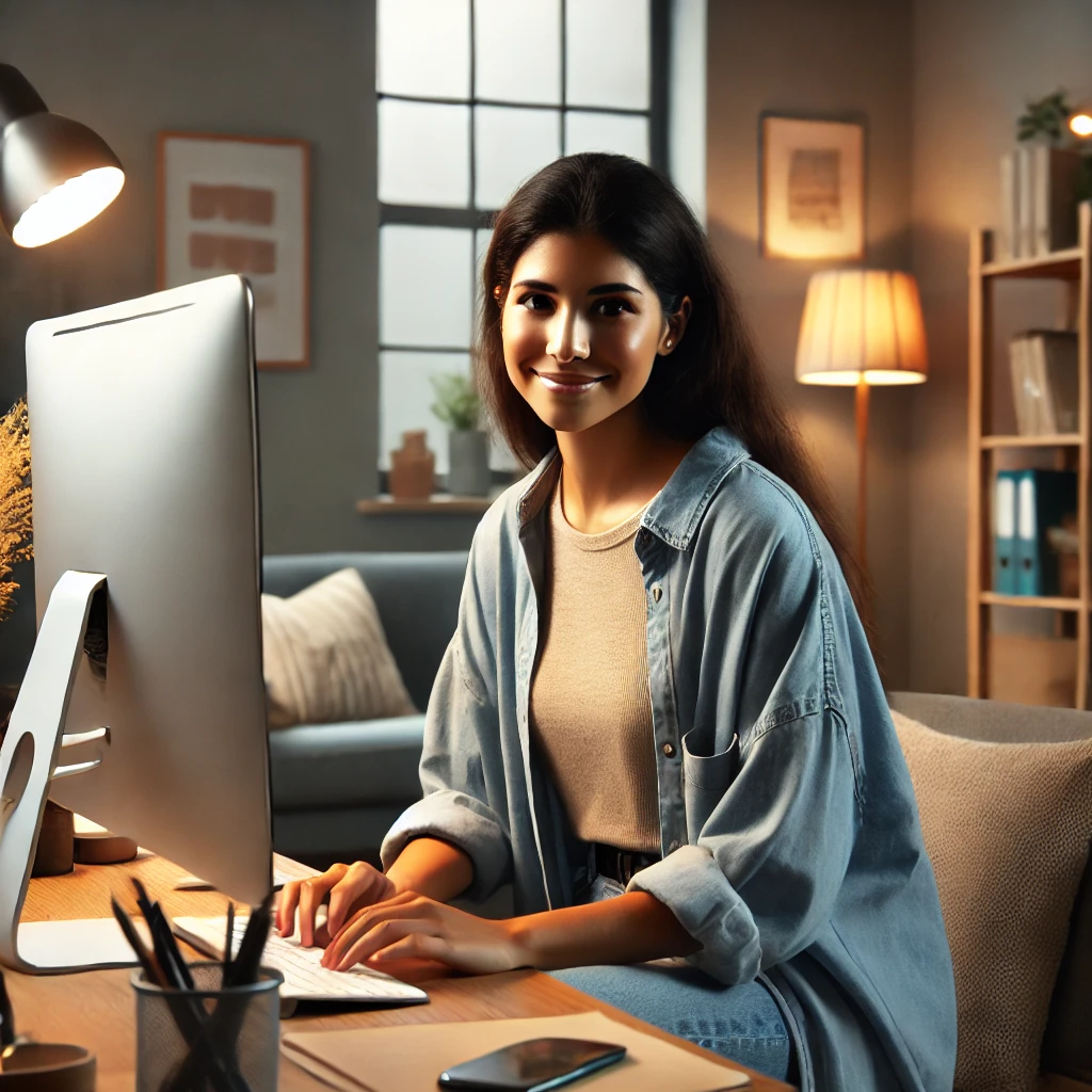 a diverse female counselor sitting in front of a computer in a warm and inviting office