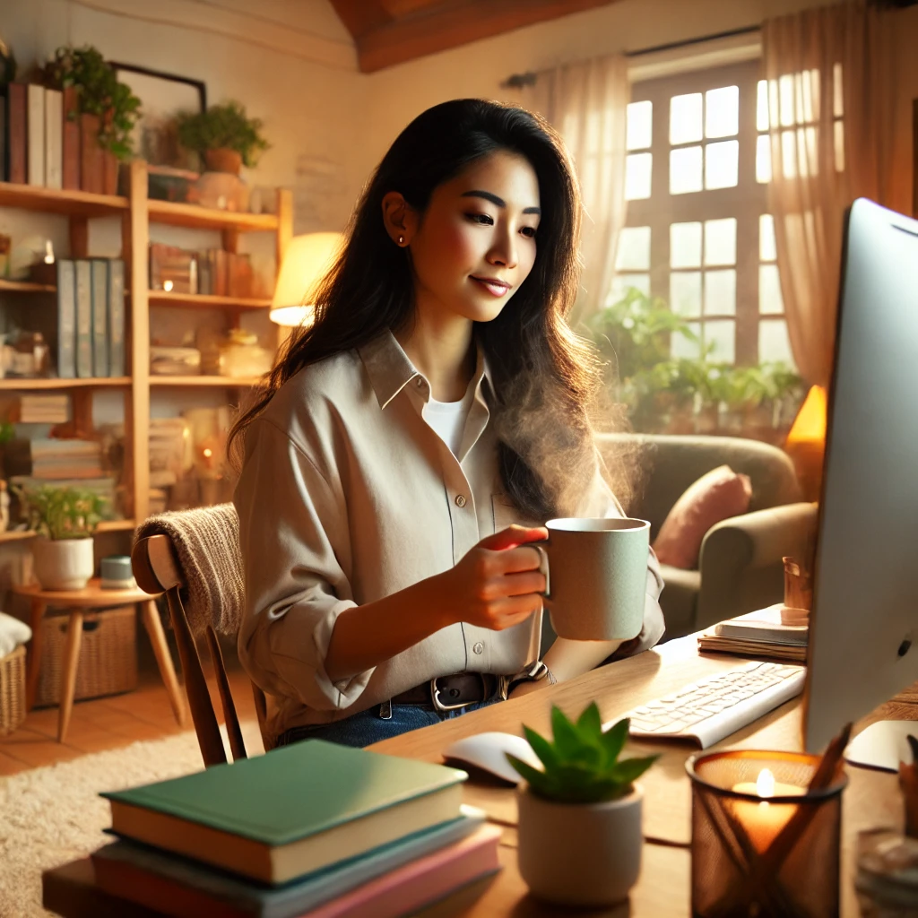 a diverse female social worker in a cozy, warm home office setting.