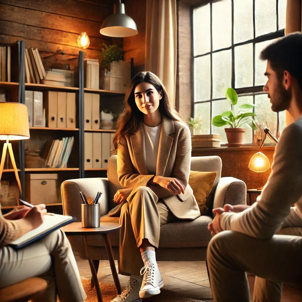 a diverse female therapist engaged in conversation with her clients in a warm, welcoming, and professional office setting.