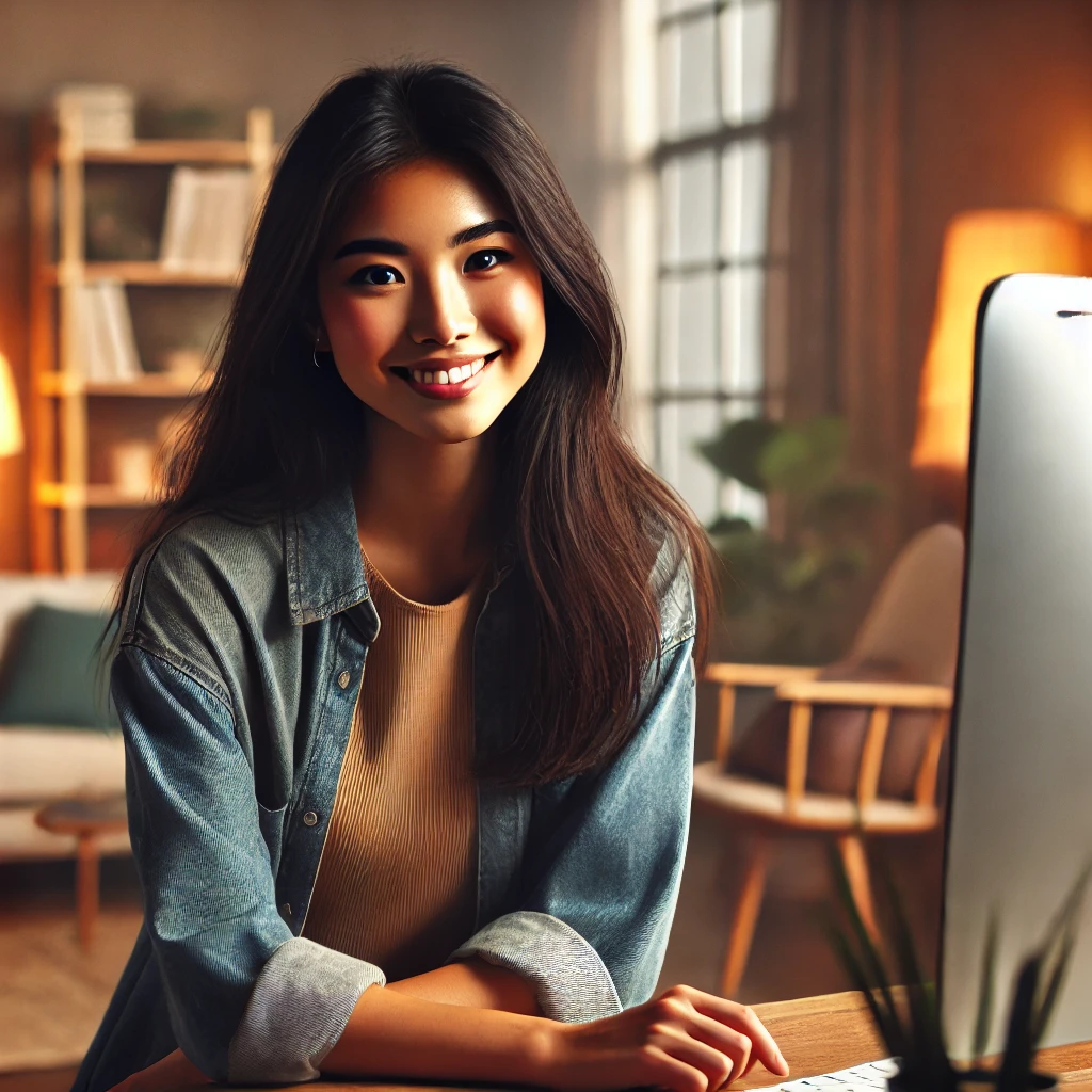 a diverse female therapist with a positive disposition, sitting in front of a computer in a warm and inviting office. The scene highlights a welcoming and empathetic atmosphere, perfect for fostering client trust.