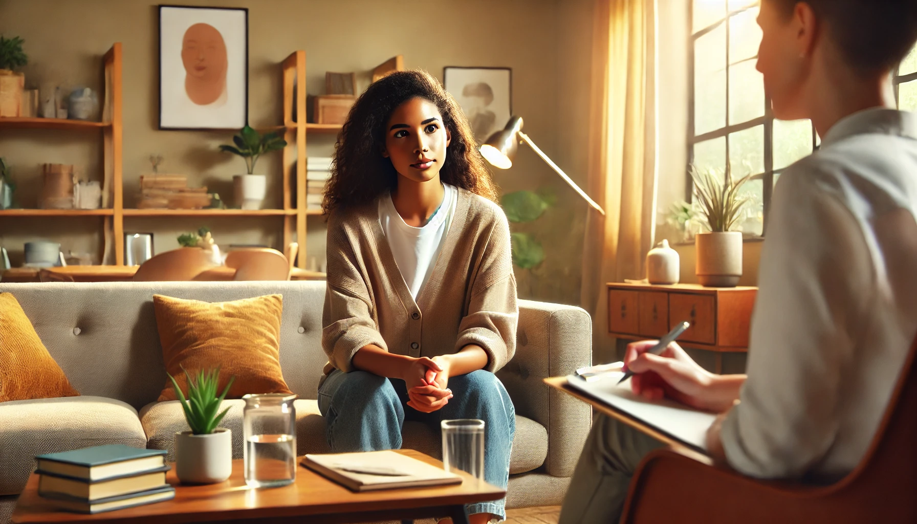 A diverse female therapist actively working with a client in a warm, inviting setting. The professional and empathetic atmosphere fosters trust and engagement.