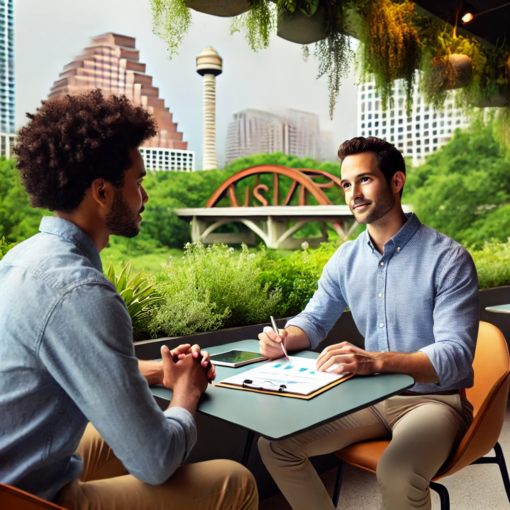 a diverse male Social Worker working with a client in Austin, Texas. The scene captures a warm and professional interaction set in an outdoor environment with iconic Austin elements.