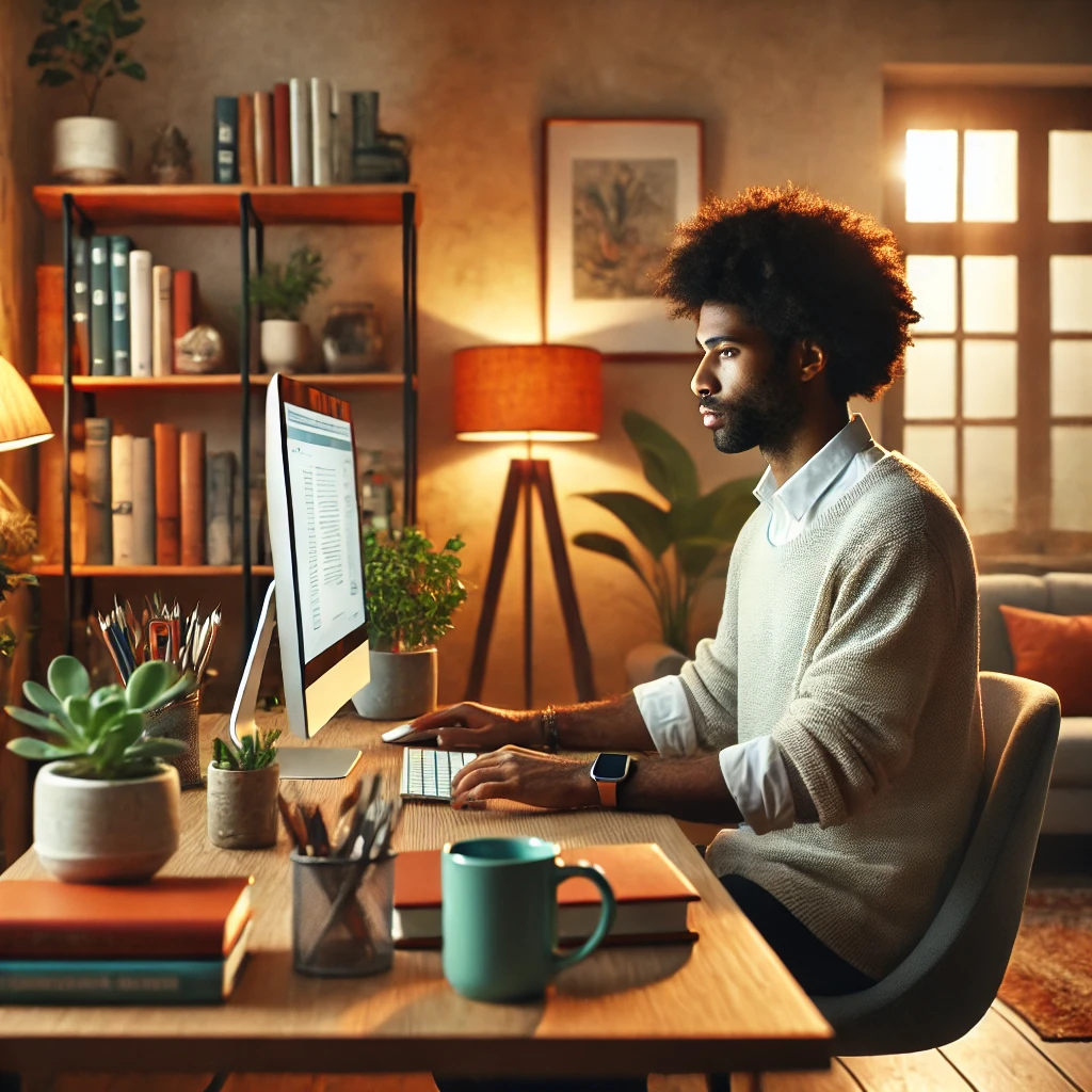 a diverse social worker in their warm office, actively engaged in learning online.