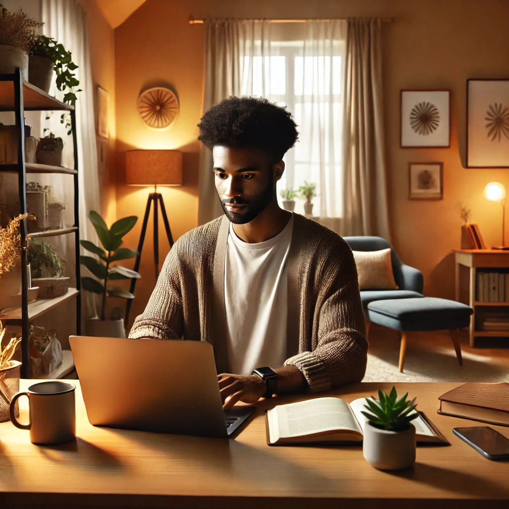 A diverse therapist engaged in online learning at a cozy, inviting workspace.