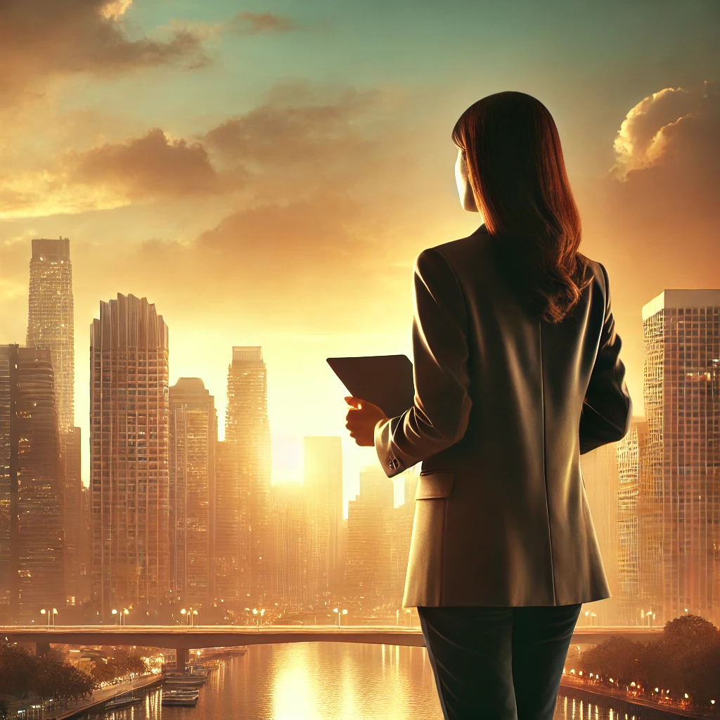 a diverse therapist confidently looking out at a modern city skyline during sunset.