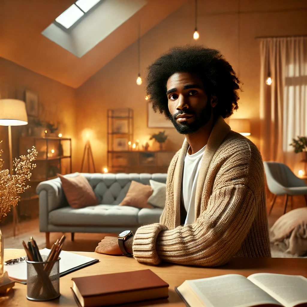 a diverse therapist in a warm, calm office, thoughtfully considering at their desk. The scene exudes a sense of peace, with cozy lighting and a professional atmosphere.