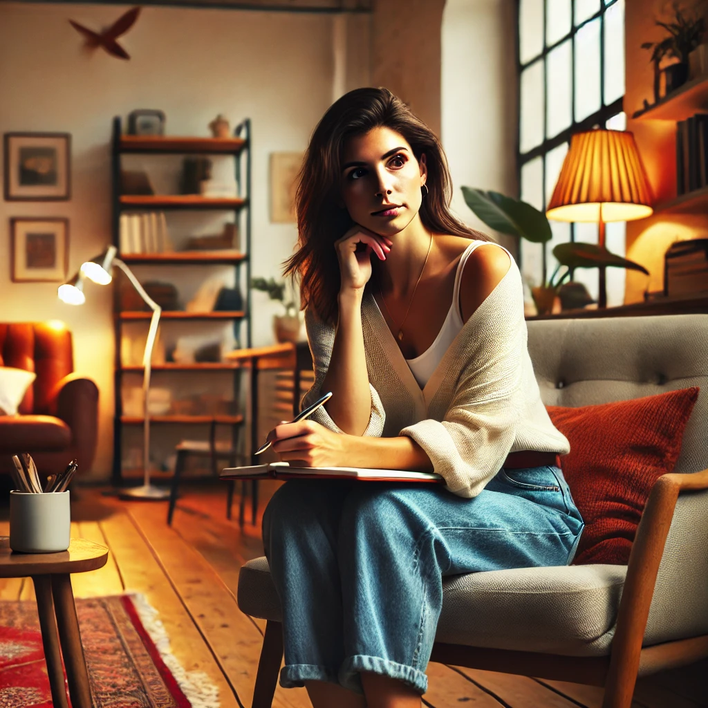 casual and informal depiction of a diverse female counselor reflecting in a warm, welcoming office