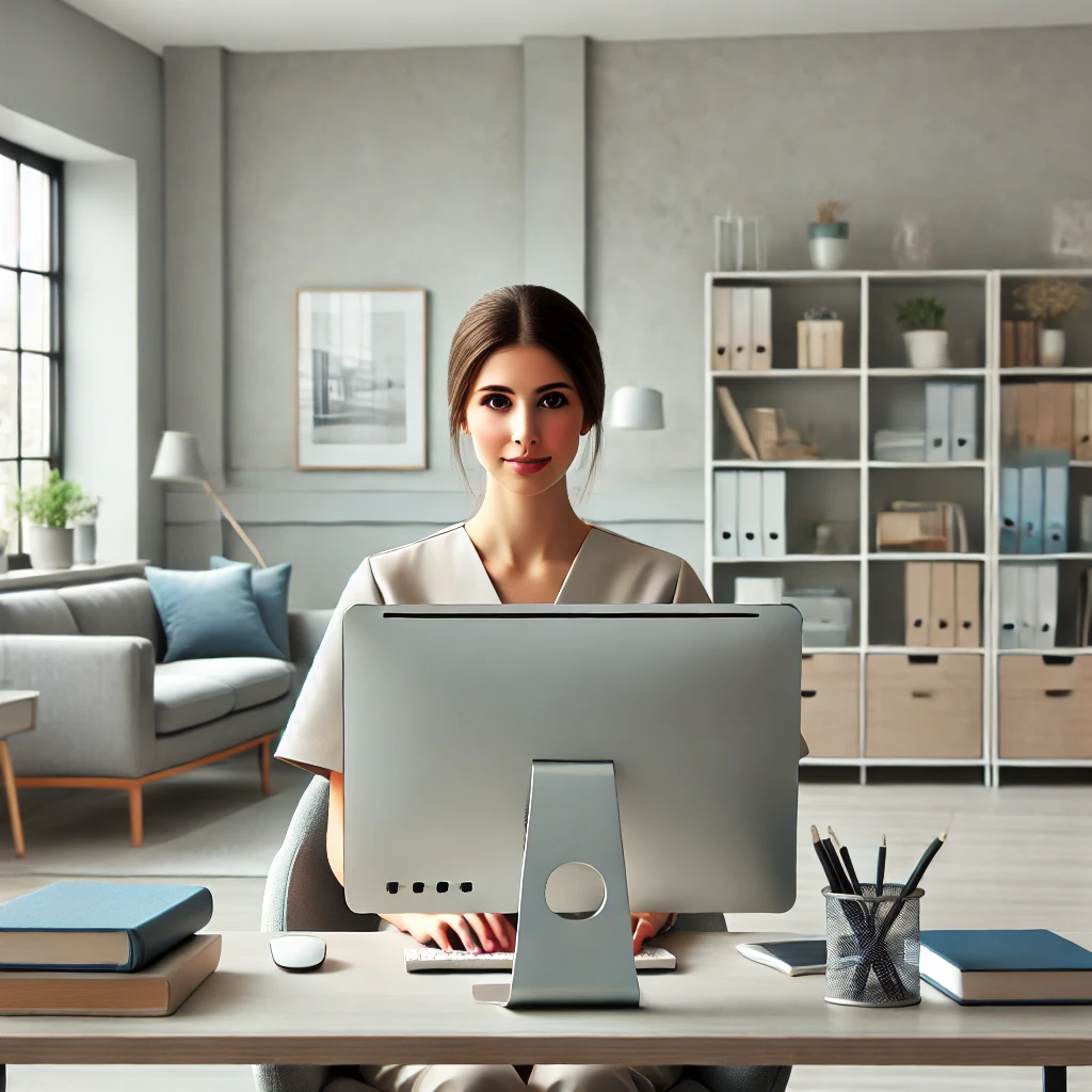 a female social worker in a modern, well-lit office environment