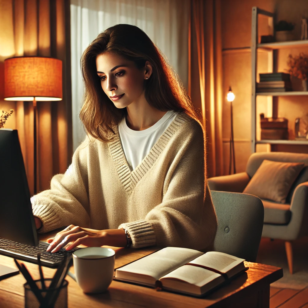 A female therapist engaged in online learning, seated at a cozy desk in a warm, homely environment.
