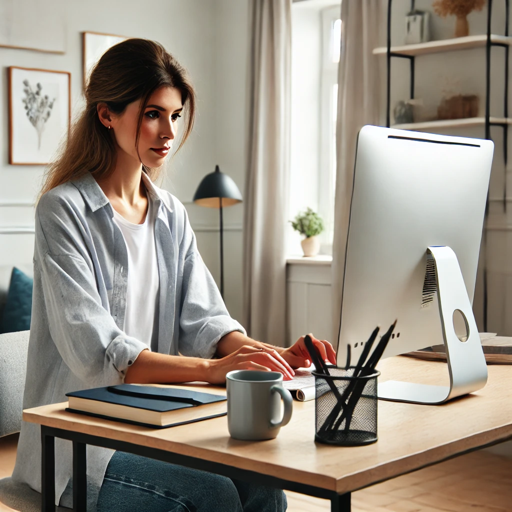 female therapist engaged in online learning in a bright, minimalist workspace
