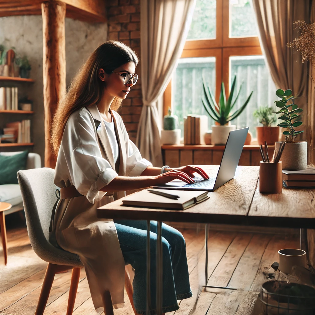 A female therapist engaged in online learning, this time in a rustic, cozy room with natural wood accents and a peaceful atmosphere.