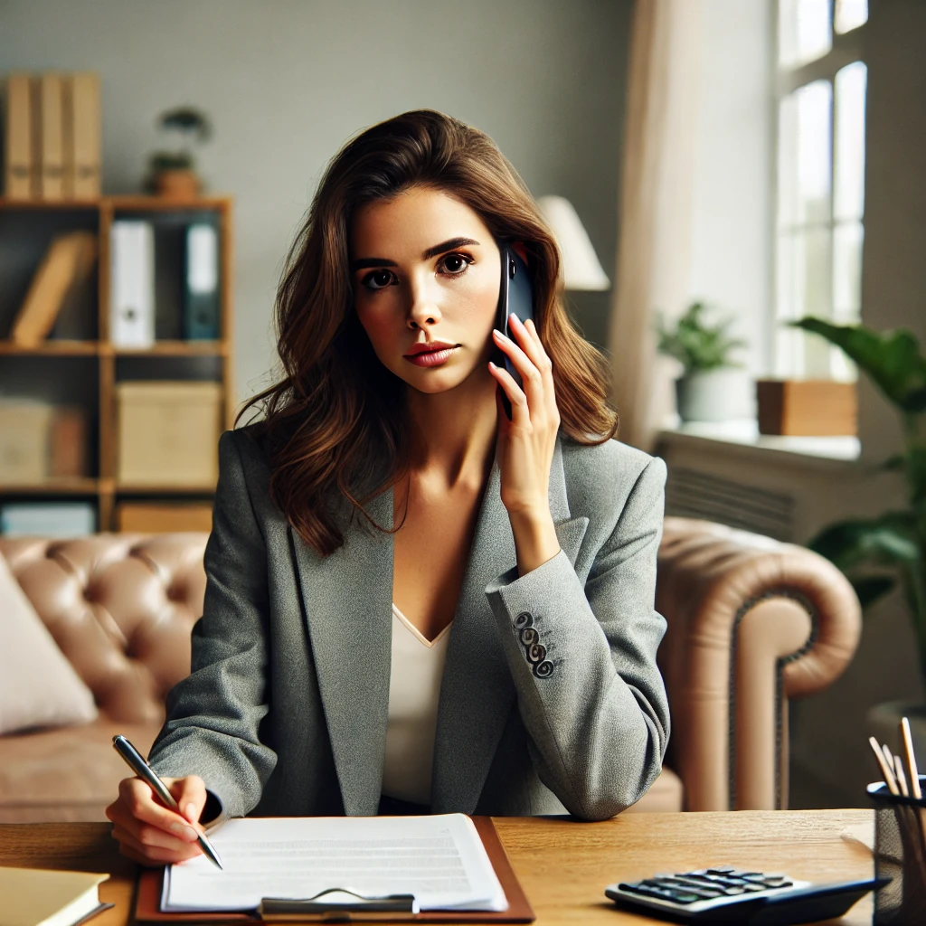 a female therapist with a serious expression, speaking on the phone in her office. The scene captures a professional yet warm atmosphere, emphasizing focus and concern.
