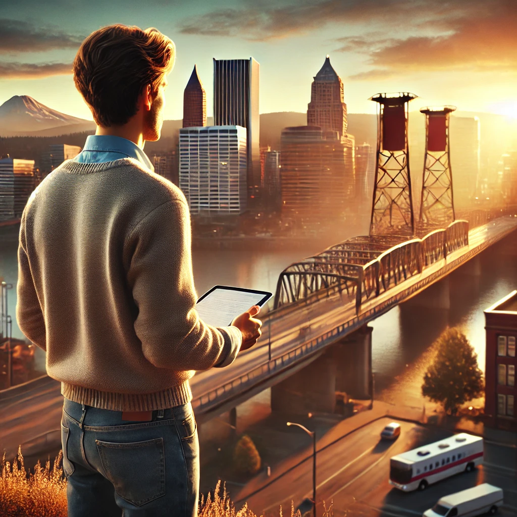 a photorealistic image of a diverse therapist standing in downtown Portland, Oregon, with the city skyline and Mount Hood in the background during sunset.