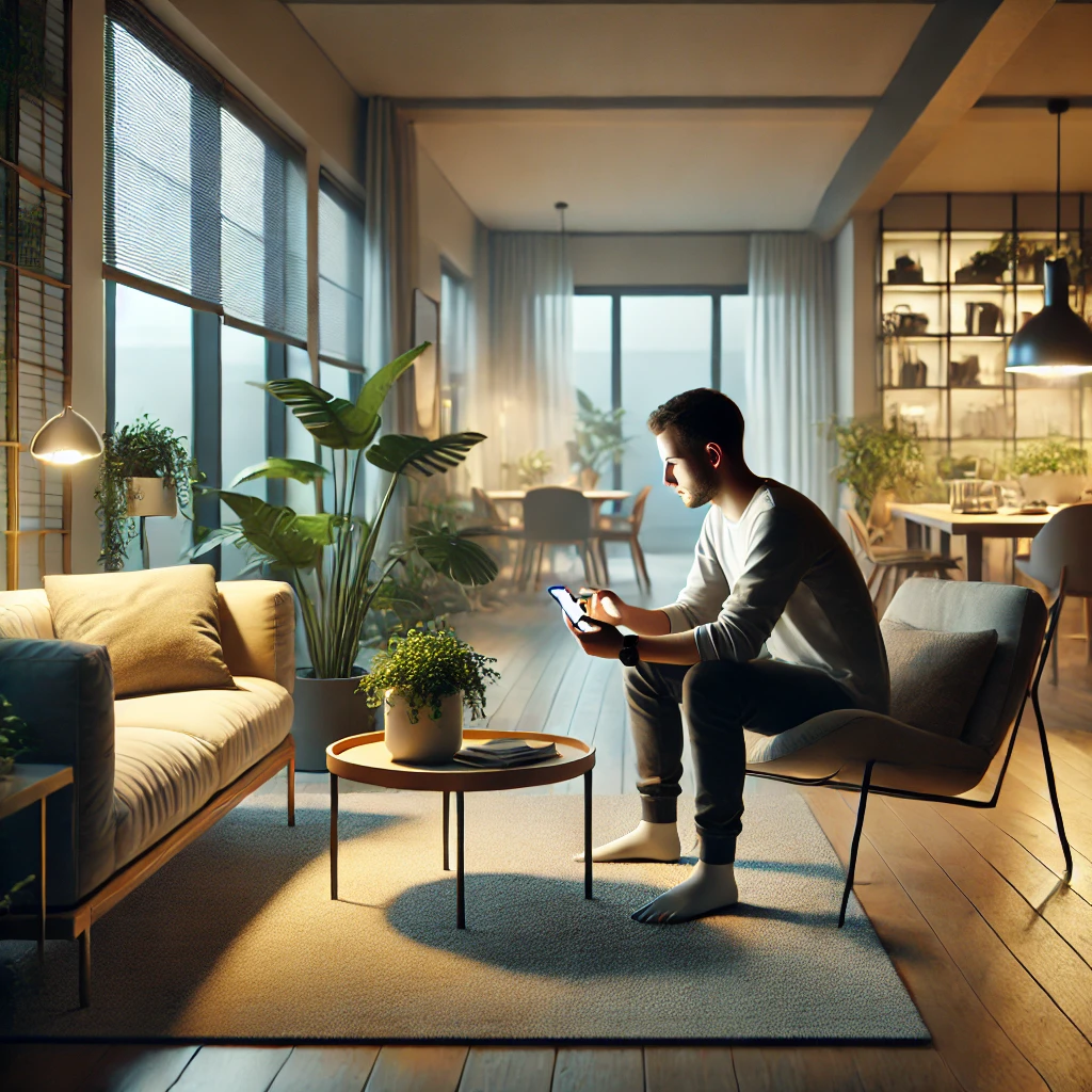 a person seated in a cozy home environment, looking at their smartphone in a focused and reflective manner, with no text or app details visible on the screen. This scene highlights a natural, everyday moment of engagement with technology.
