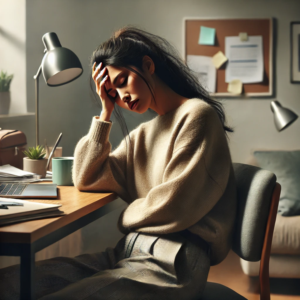 a diverse and stressed female social worker in a professional work environment