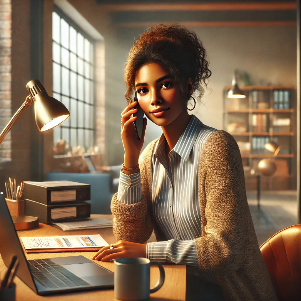 a diverse social worker on the phone in a warm and inviting office setting