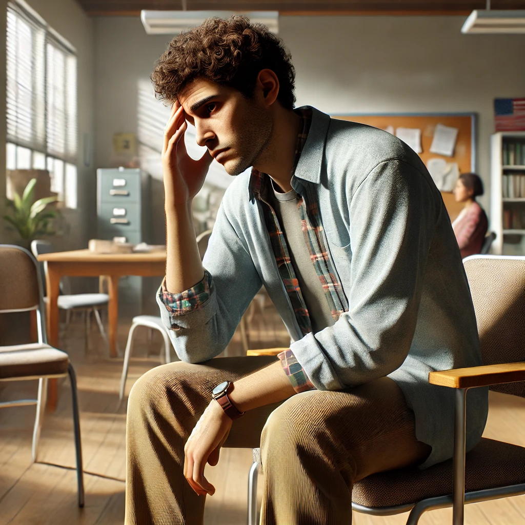 male social worker looking visibly stressed in a community center setting