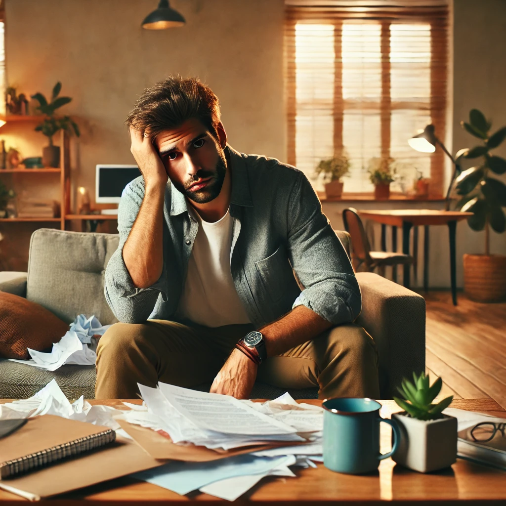 A stressed-out therapist in a less formal, casual office environment. The scene is more relaxed and relatable while still conveying their frustration.