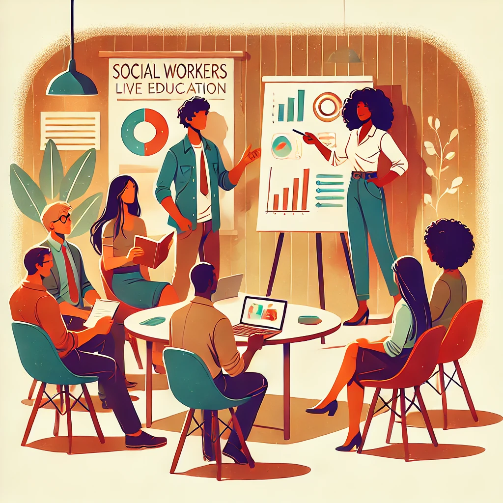 a small group of diverse social workers in a live continuing education course, with one person confidently presenting while others attentively watch and engage in a warm, collaborative setting.
