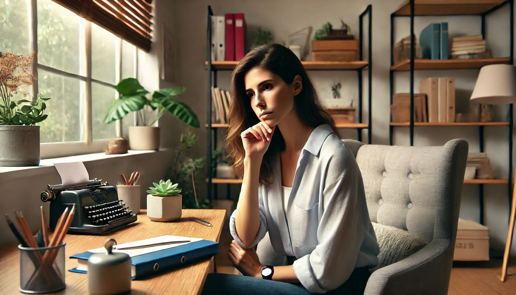 a therapist in a personal office setting, deeply reflecting on a difficult decision. The thoughtful and contemplative atmosphere is complemented by the cozy and professional environment.