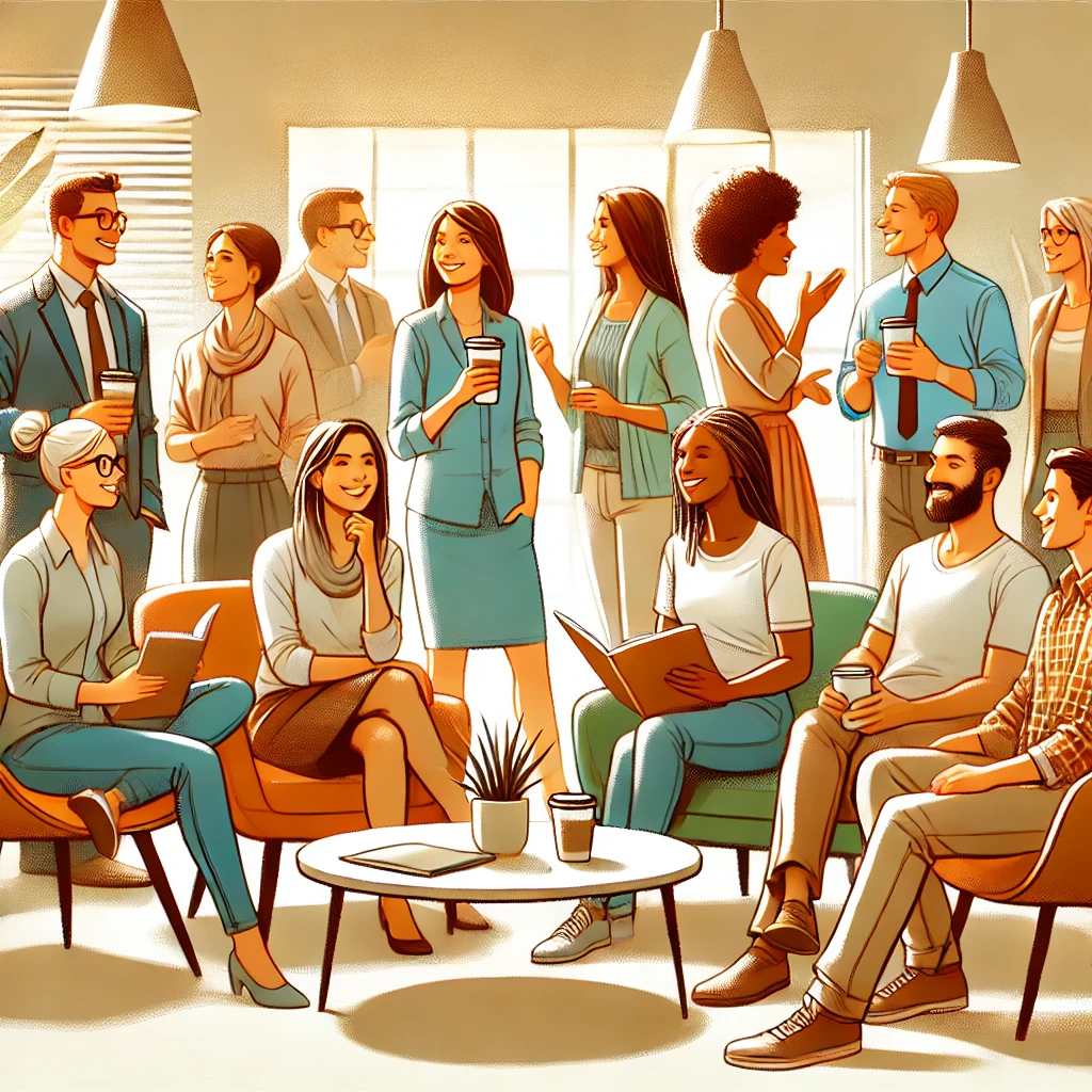 a stylized illustration of continuing education participants engaging in a casual and collaborative discussion during a break in their live session. The environment is warm and inclusive, fostering connection and shared learning.