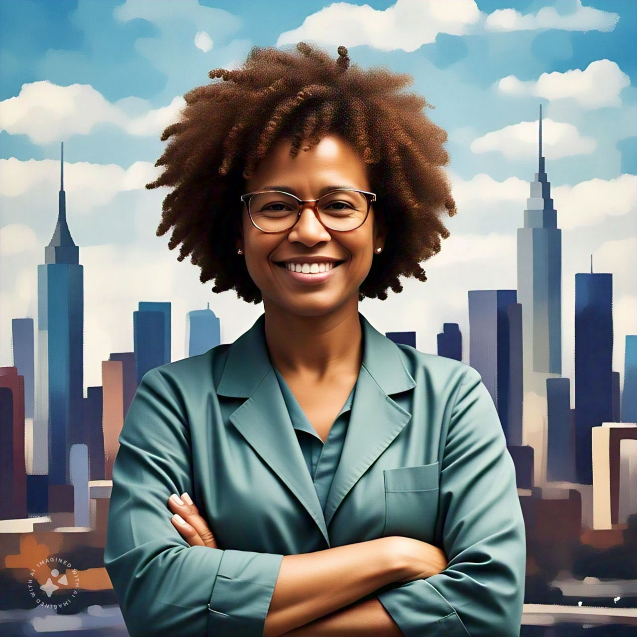 A diverse therapist in front of a new york city skyline