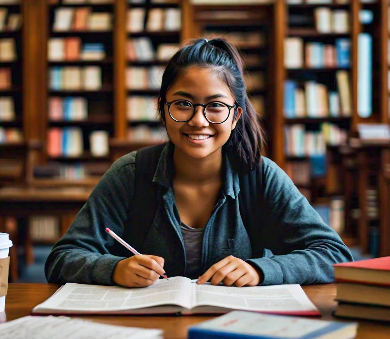 A female diverse student studying in a collegiate library, happy