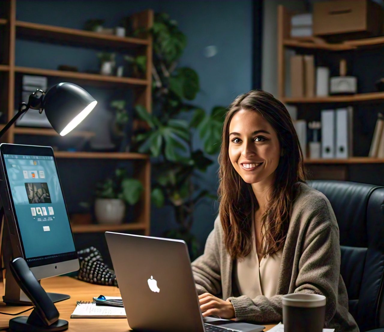 A mental health counselor working with technology using a phone, a computer, and doing a telehealth session