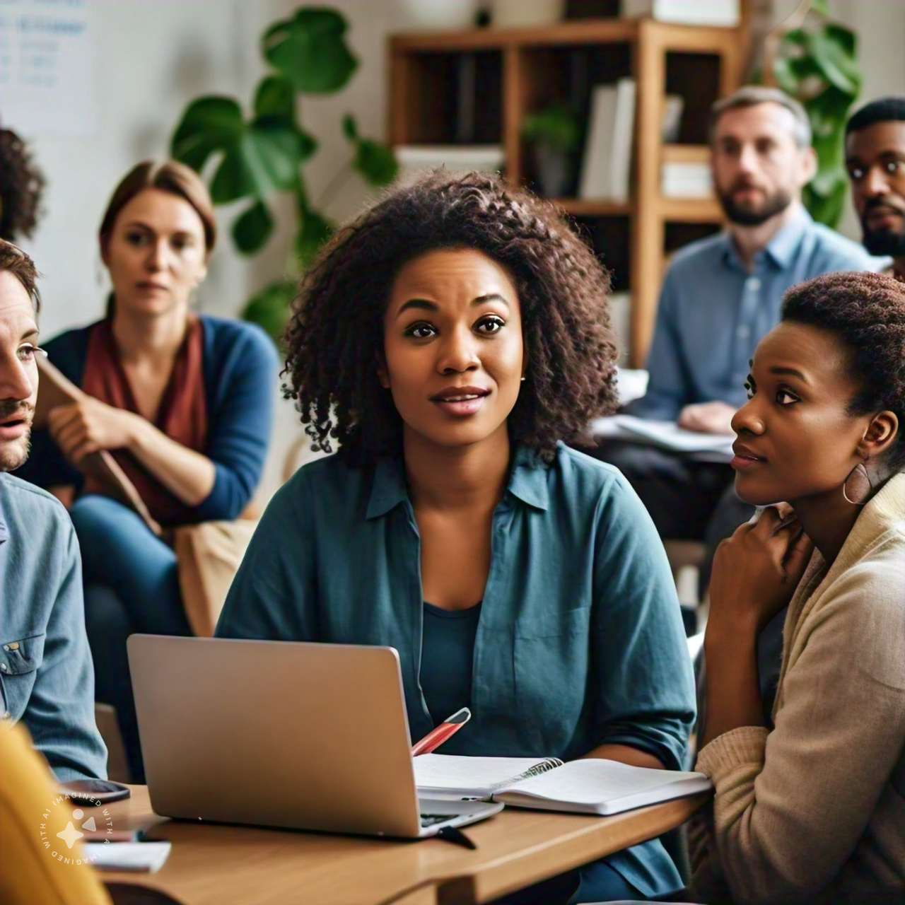 A stylized image of a diverse group of social workers participating in a casual live continuing education course with one person presenting and other people watching, high-quality faces