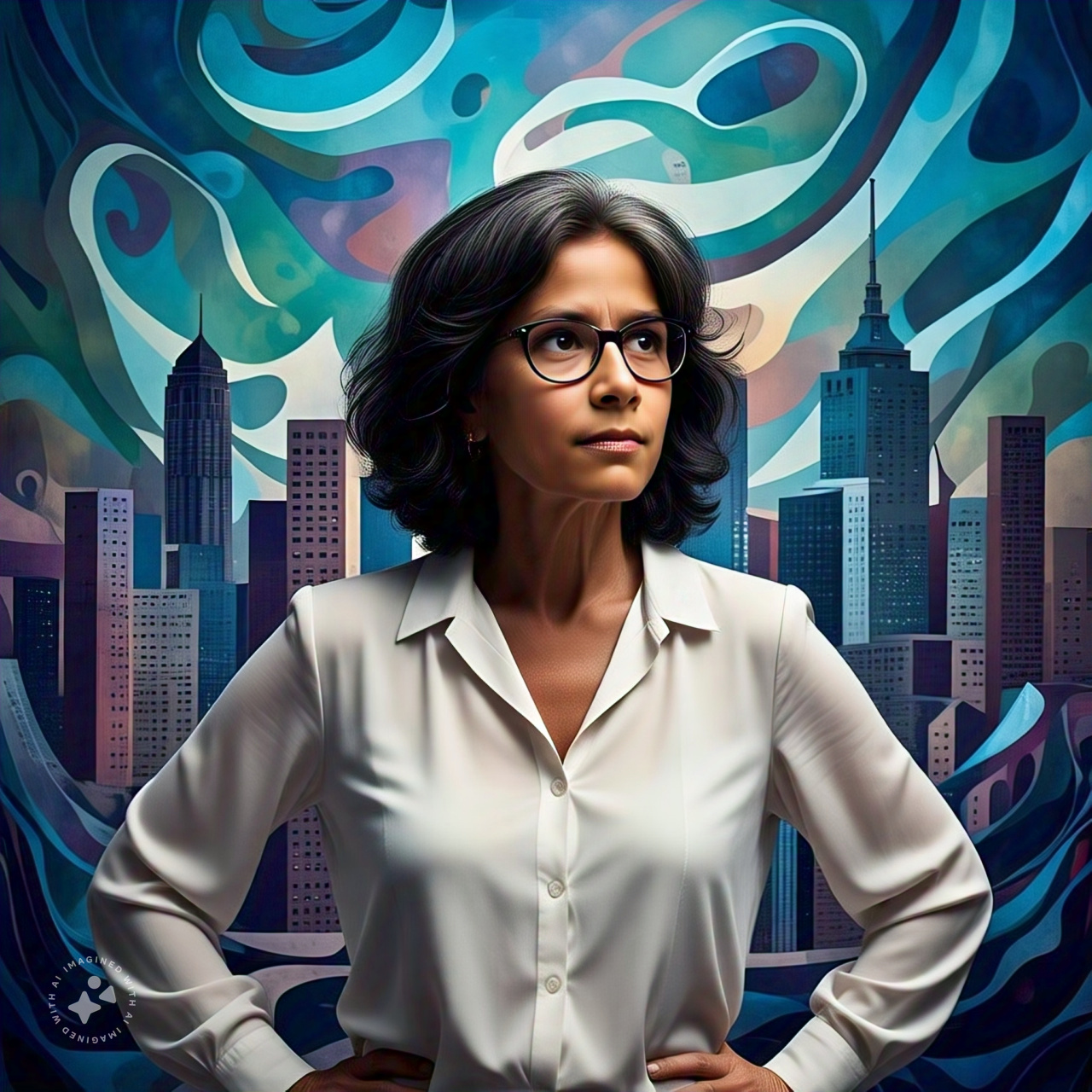 A middle aged counselor in front of an artistic city skyline.