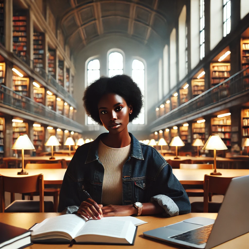 a Black woman studying in a library. The environment is serene and well-lit, emphasizing a focused and engaging study session.
