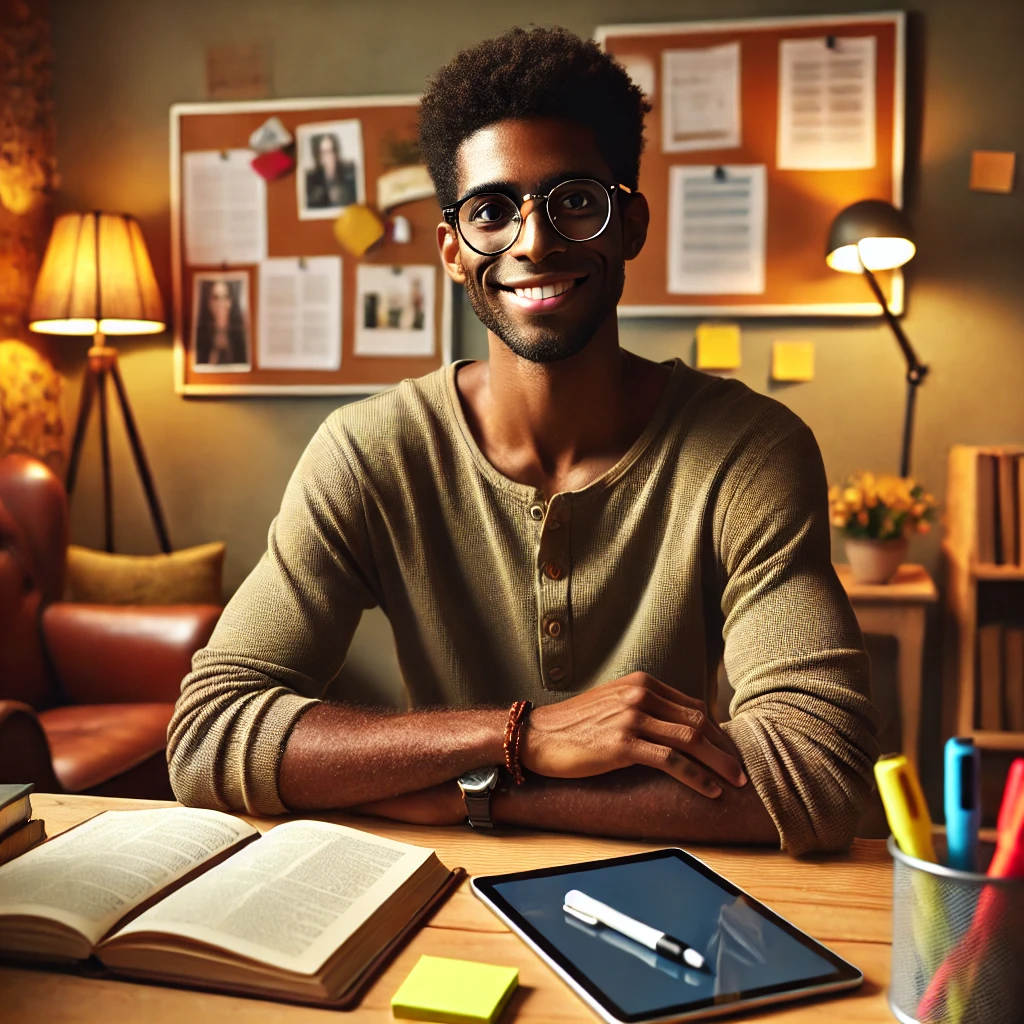 a confident social worker in a study environment