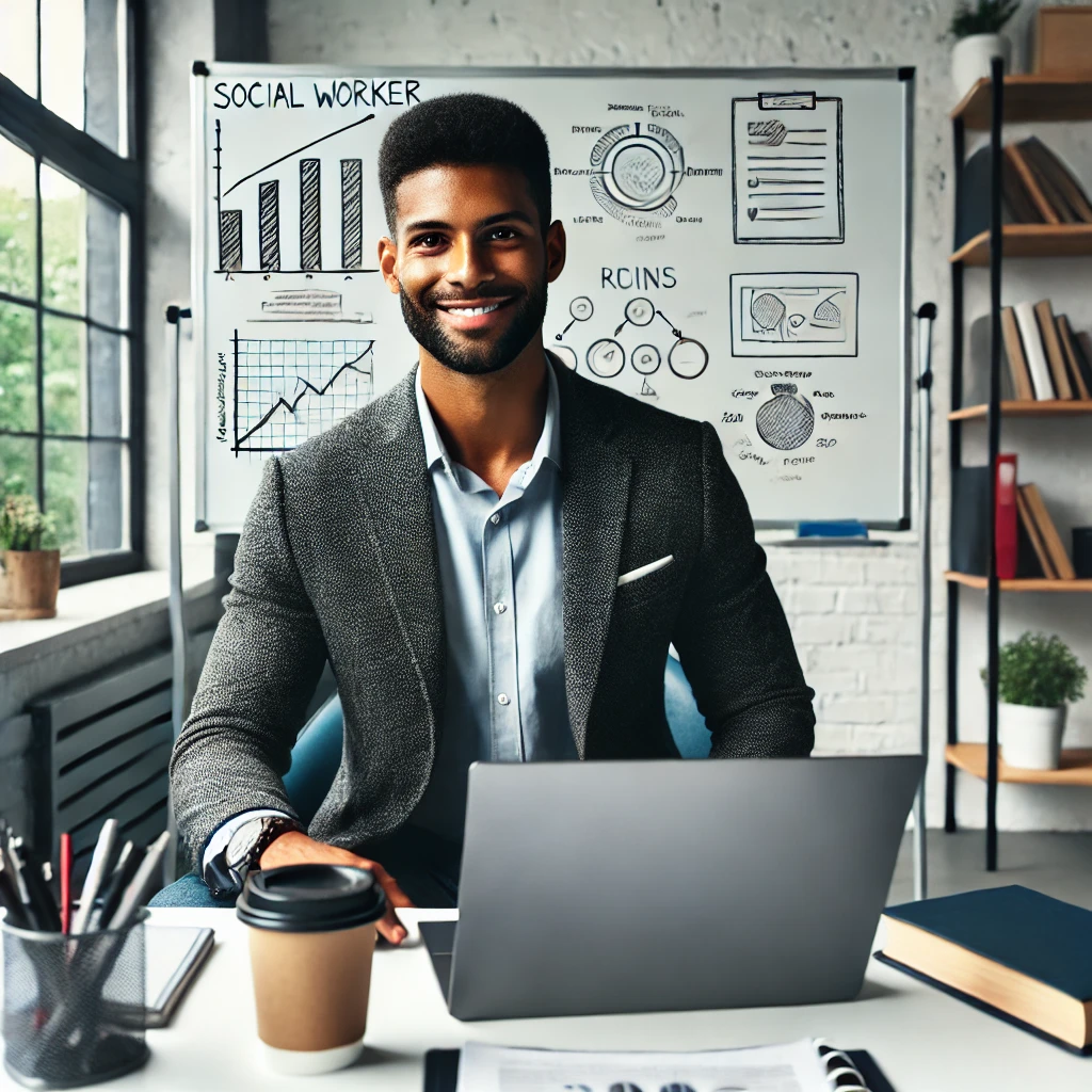 a confident social worker in a study environment