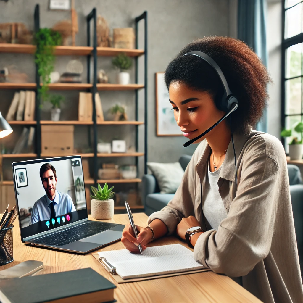 a counselor conducting a telehealth session with a client in a professional and calming home office setting