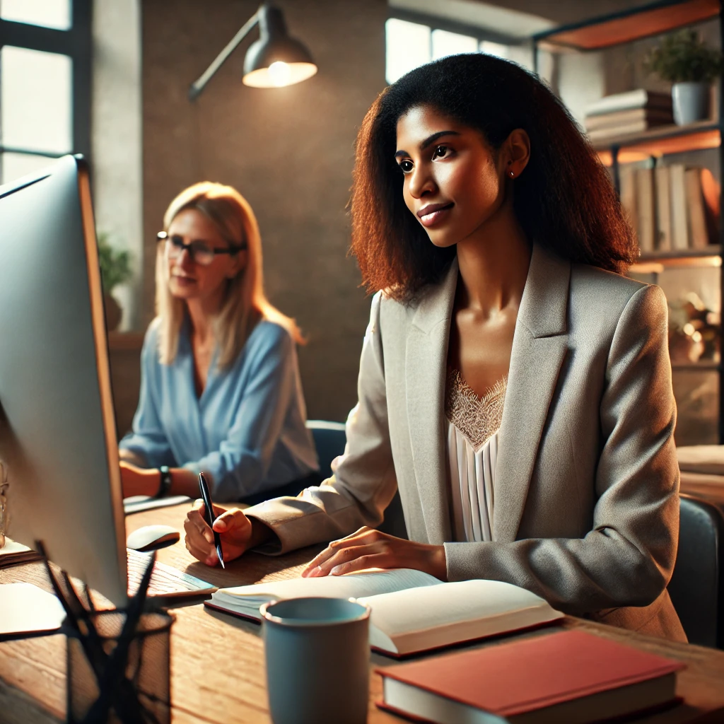 a diverse female counselor sitting at a desk, actively engaged in online learning in a cozy and professional setting.