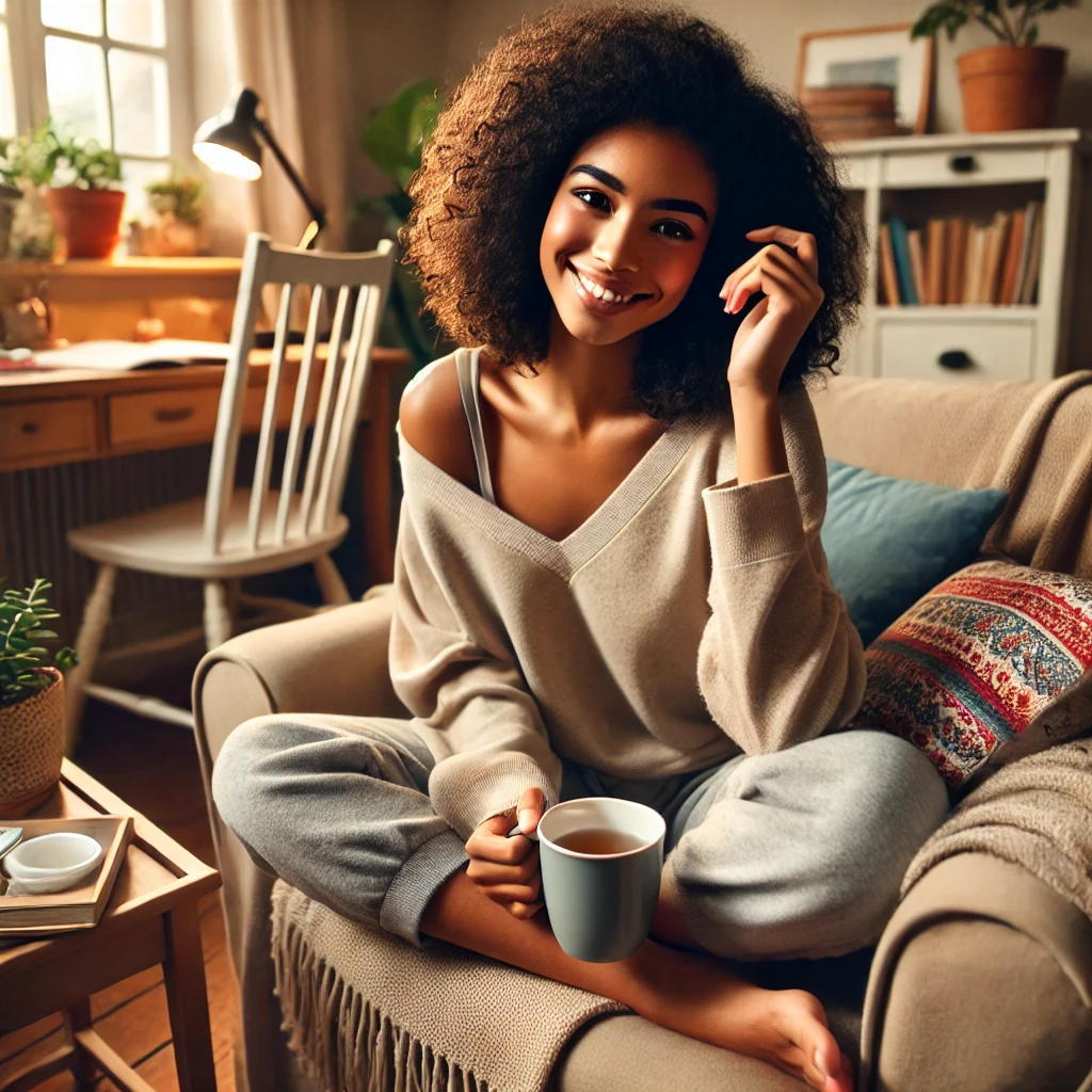 a diverse female social worker relaxing and taking a peaceful study break in a warm home environment.