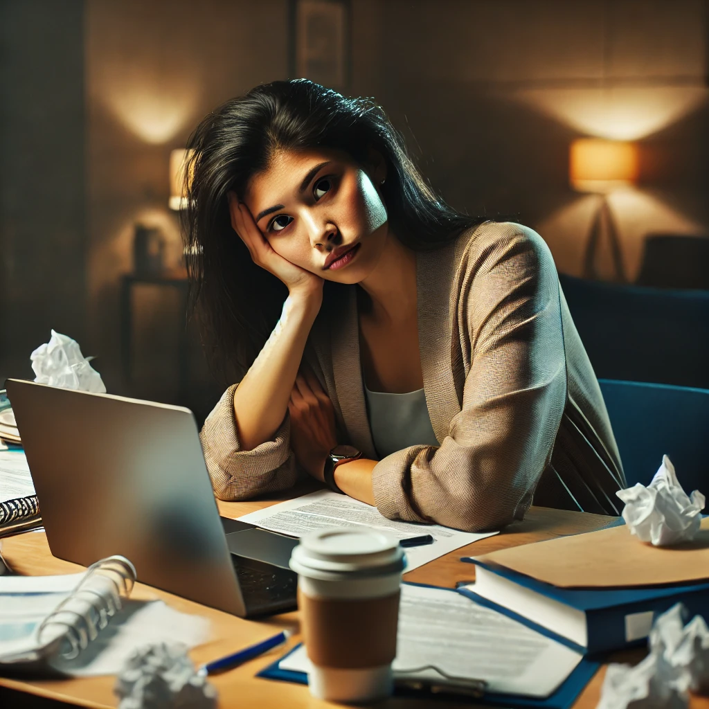 a diverse female social worker experiencing study fatigue while sitting at a cluttered desk. It captures the sense of exhaustion and stress often associated with demanding exam preparation.