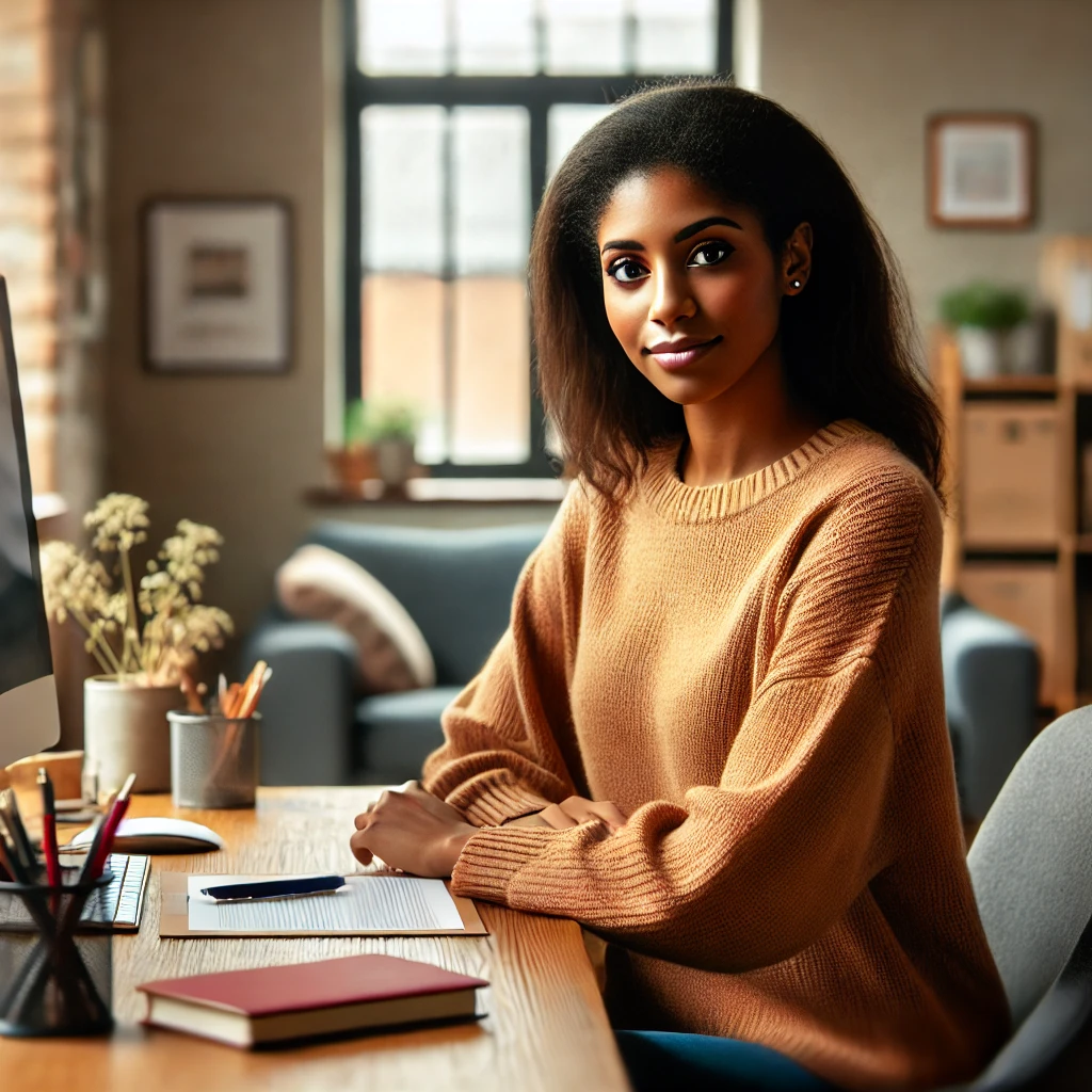 a diverse female social worker studying and taking a self-assessment exam in a warm, inviting office setting.