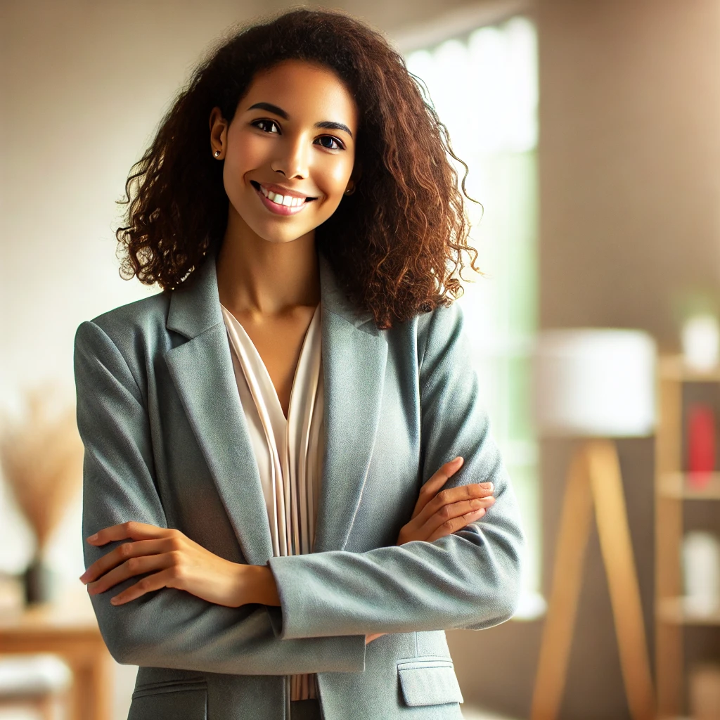 a confident, smiling, diverse female social worker, exuding professionalism and approachability in a well-lit environment