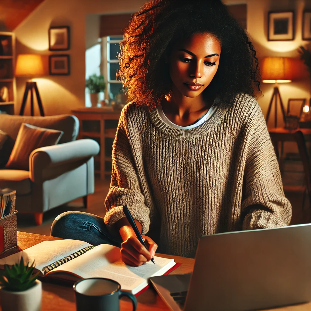 A diverse, focused female social worker studying in a warm and inviting home environment
