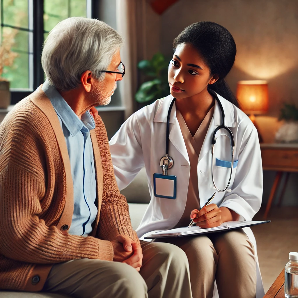 an image depicting a diverse social worker compassionately engaging with an elderly person, showcasing care, empathy, and professional support in a warm environment.