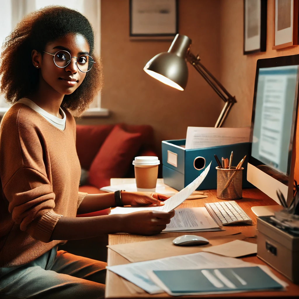 a social worker sitting in a warm office, attentively reviewing papers in front of a computer screen. The setting reflects a professional yet cozy atmosphere, emphasizing focus and dedication