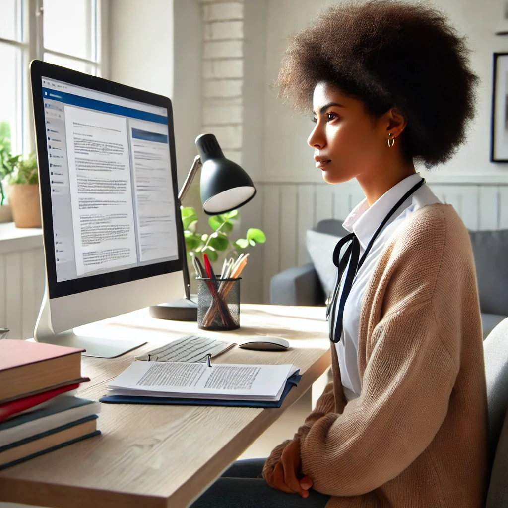 a diverse social worker actively engaging with several study methods, including flashcards, practice exams, and video tutorials. The setting is bright and organized, highlighting productivity and effective exam preparation.