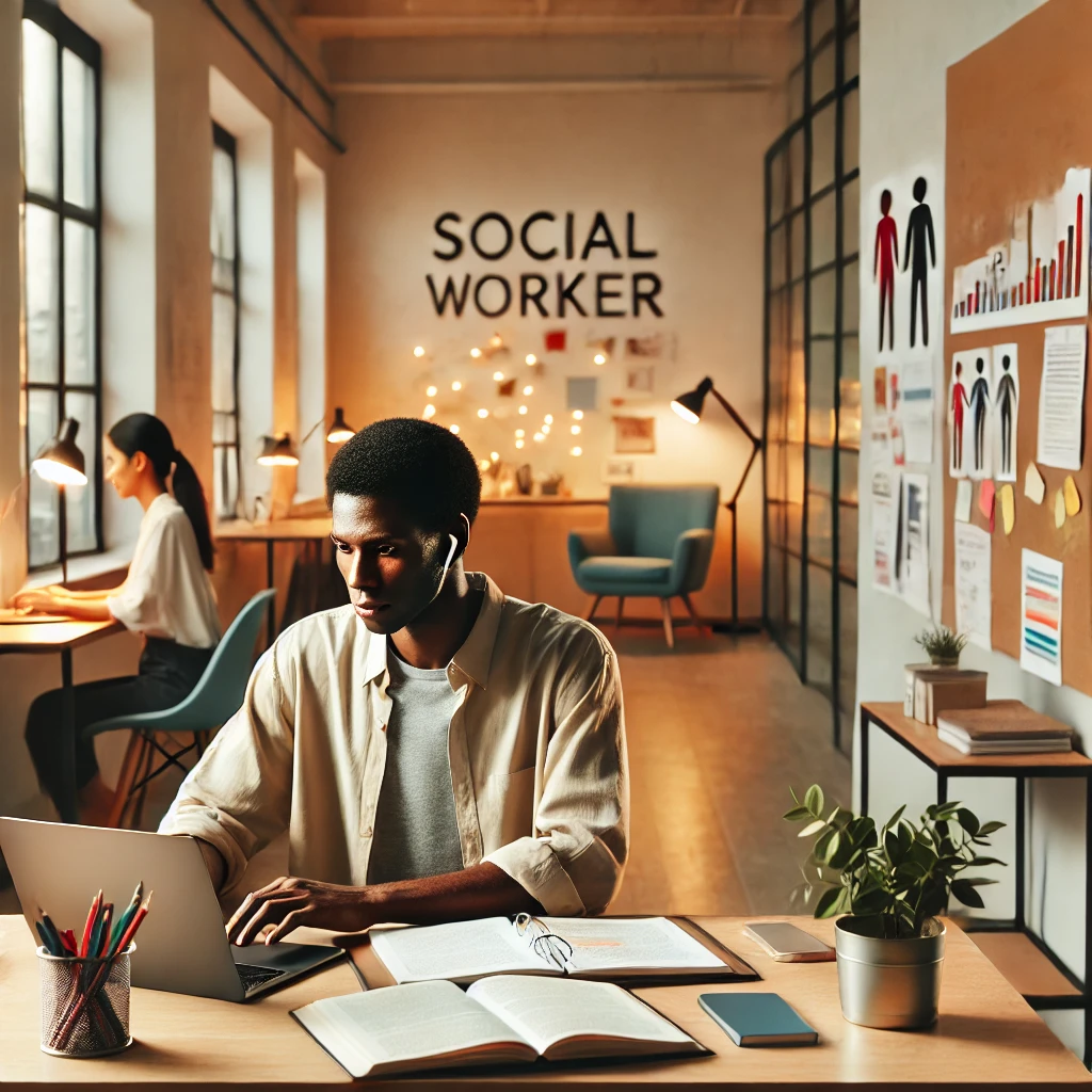 a diverse social worker studying in a modern office environment. The setting conveys a focused and professional atmosphere.