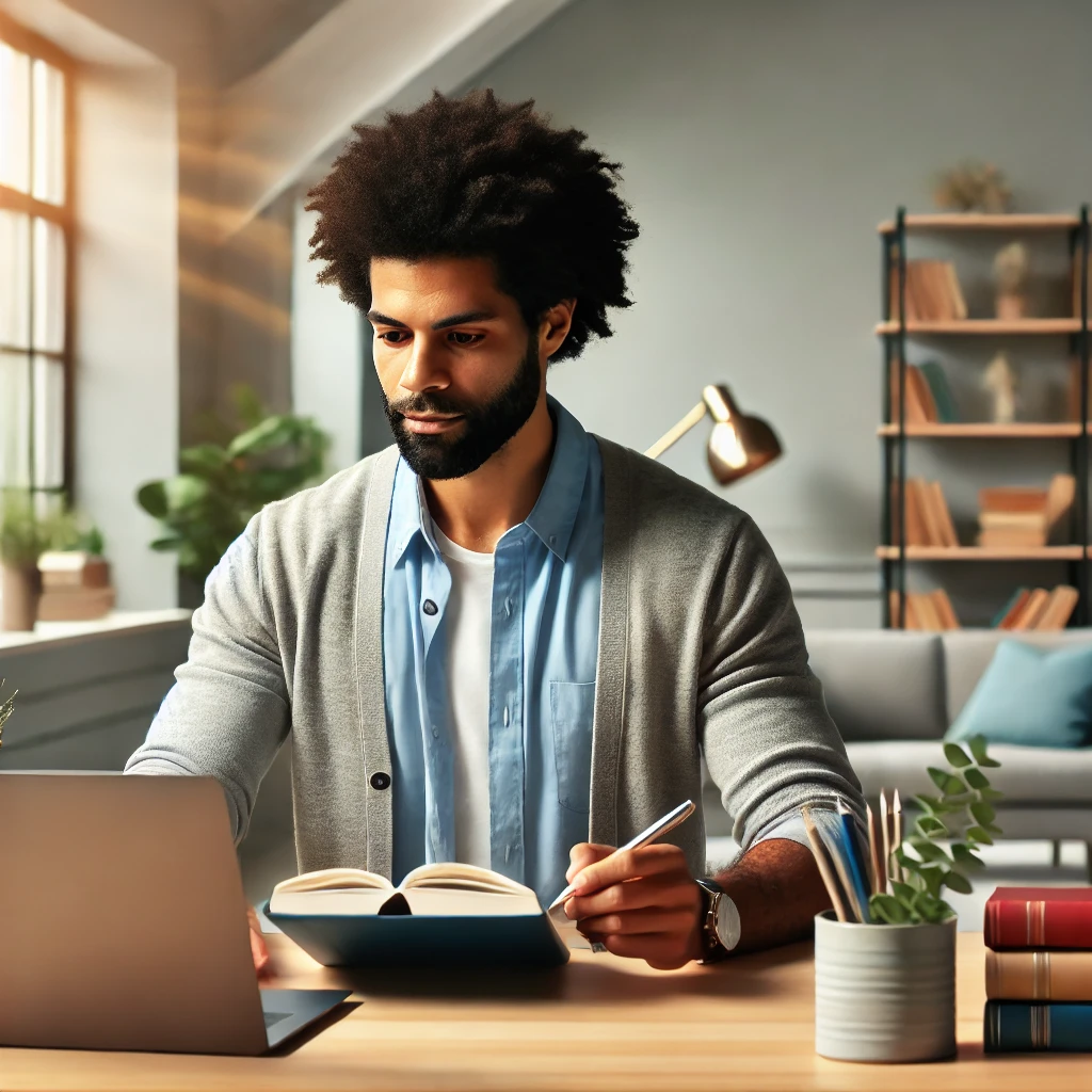 a diverse therapist engaged in learning, symbolizing professional development and dedication to growth.