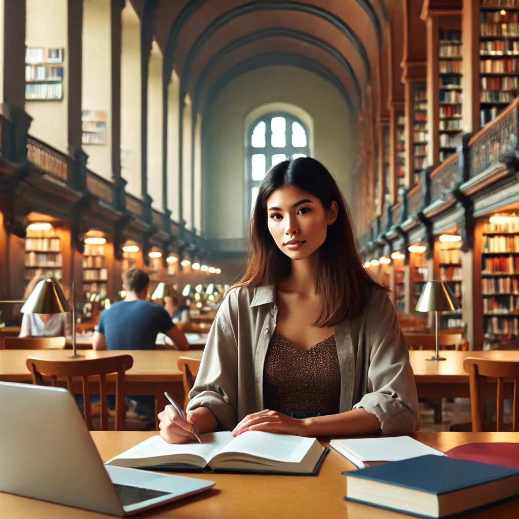 a diverse woman studying in a library. The setting conveys a calm and focused environment, ideal for productive study sessions.